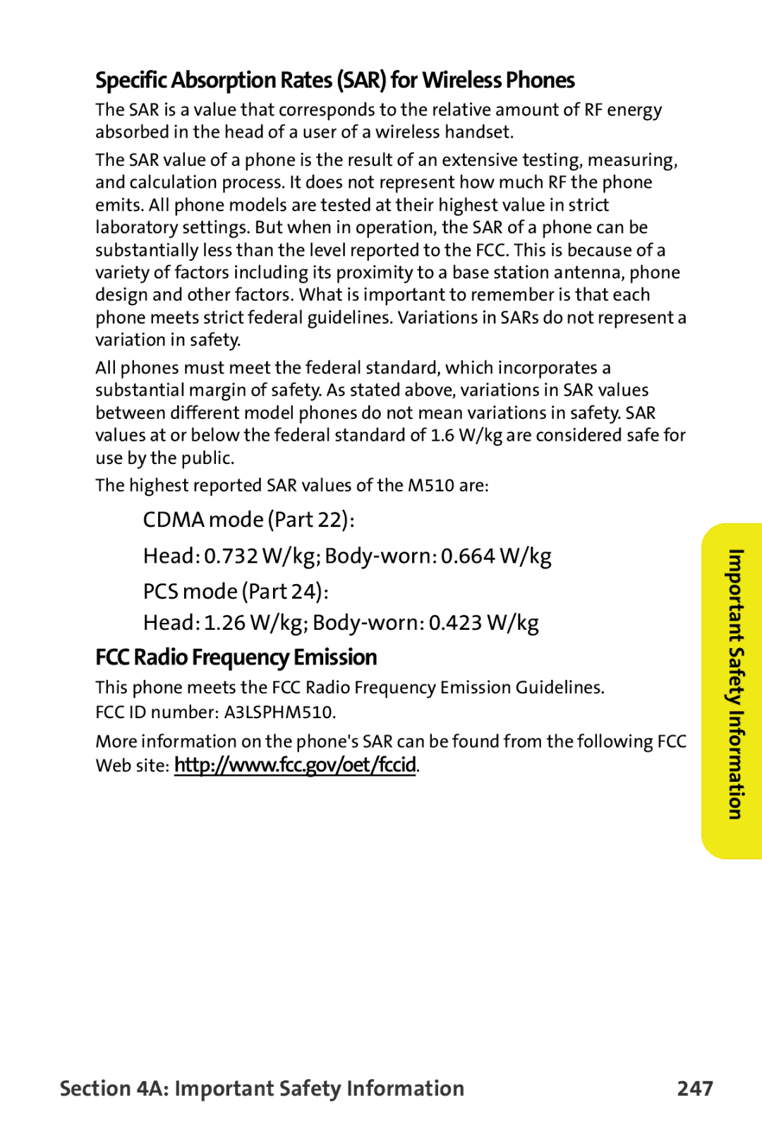 Samsung M510 manual Specific Absorption Rates SAR for Wireless Phones, Important Safety Information 247 