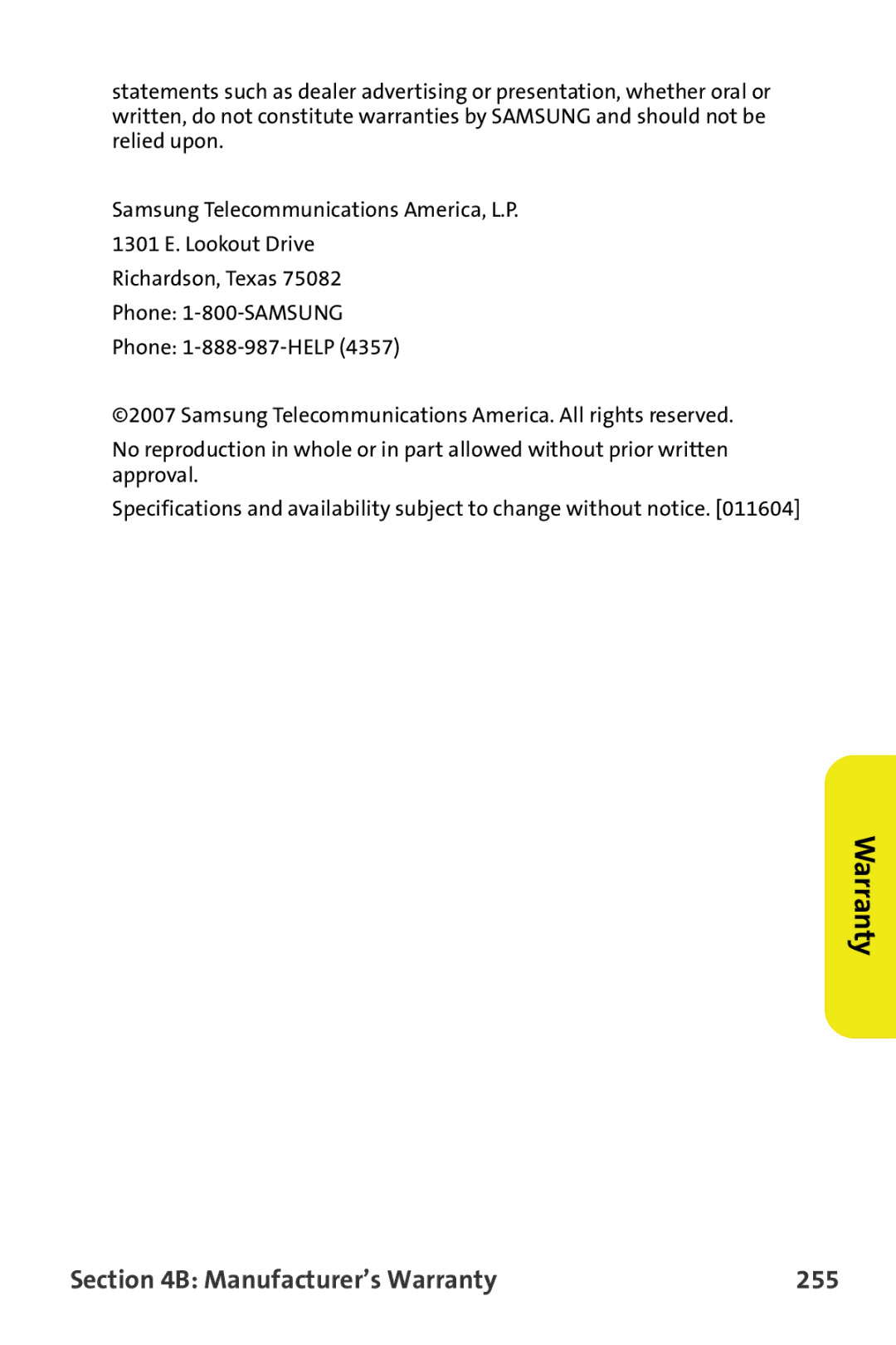 Samsung M510 manual Manufacturer’s Warranty 255 