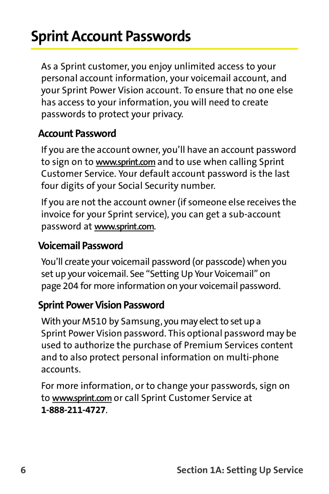 Samsung M510 manual Sprint Account Passwords, Account Password Voicemail Password, Sprint Power Vision Password 