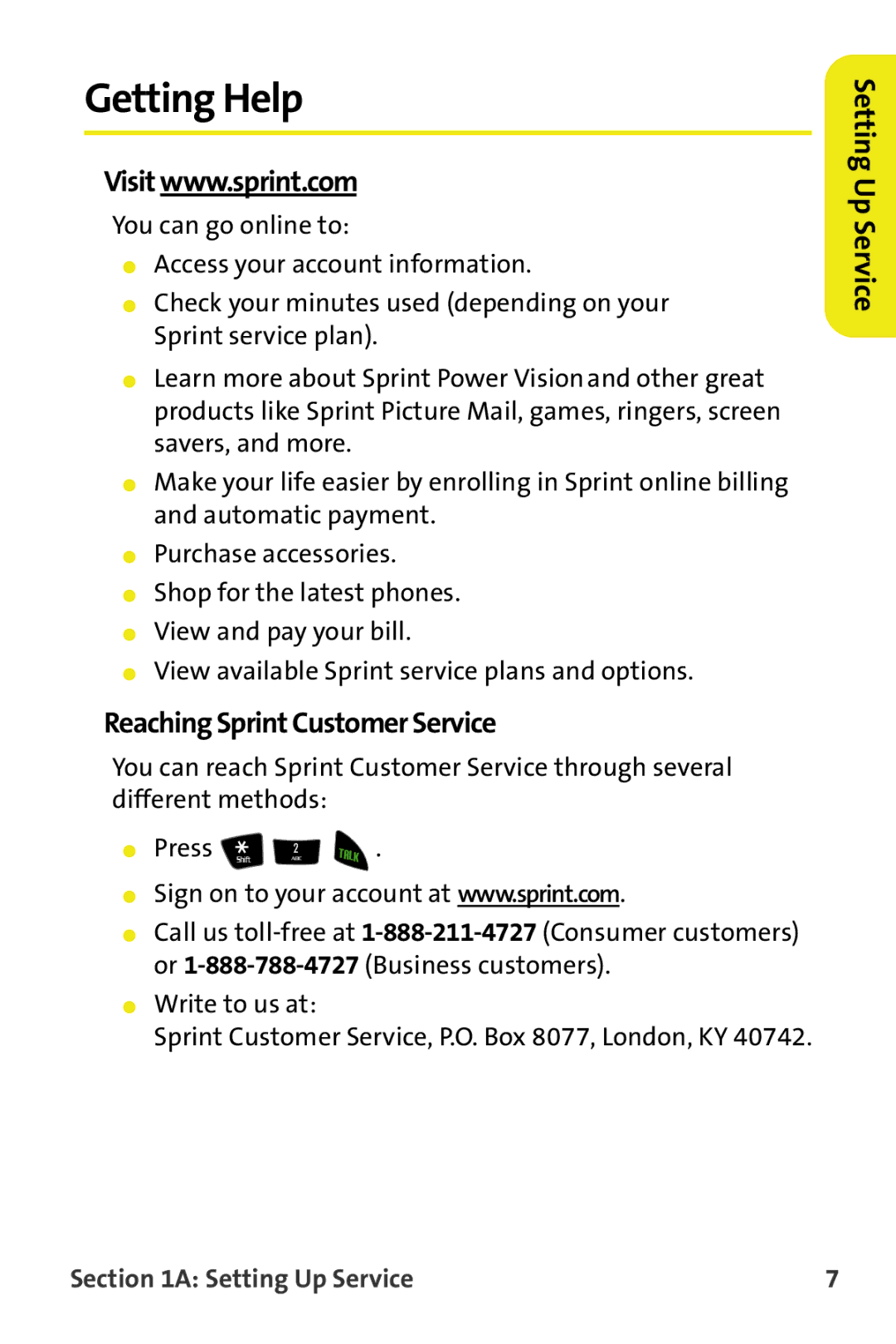 Samsung M510 manual Getting Help, Reaching Sprint Customer Service 