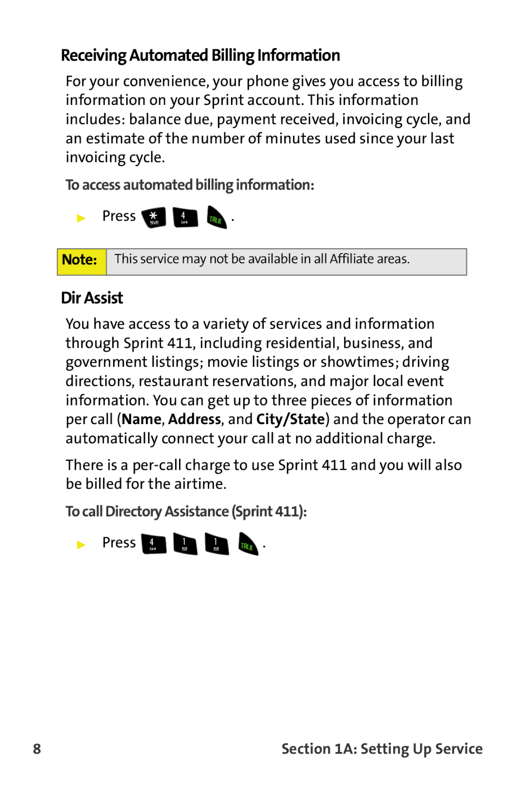 Samsung M510 manual Receiving Automated Billing Information, Dir Assist, To access automated billing information 