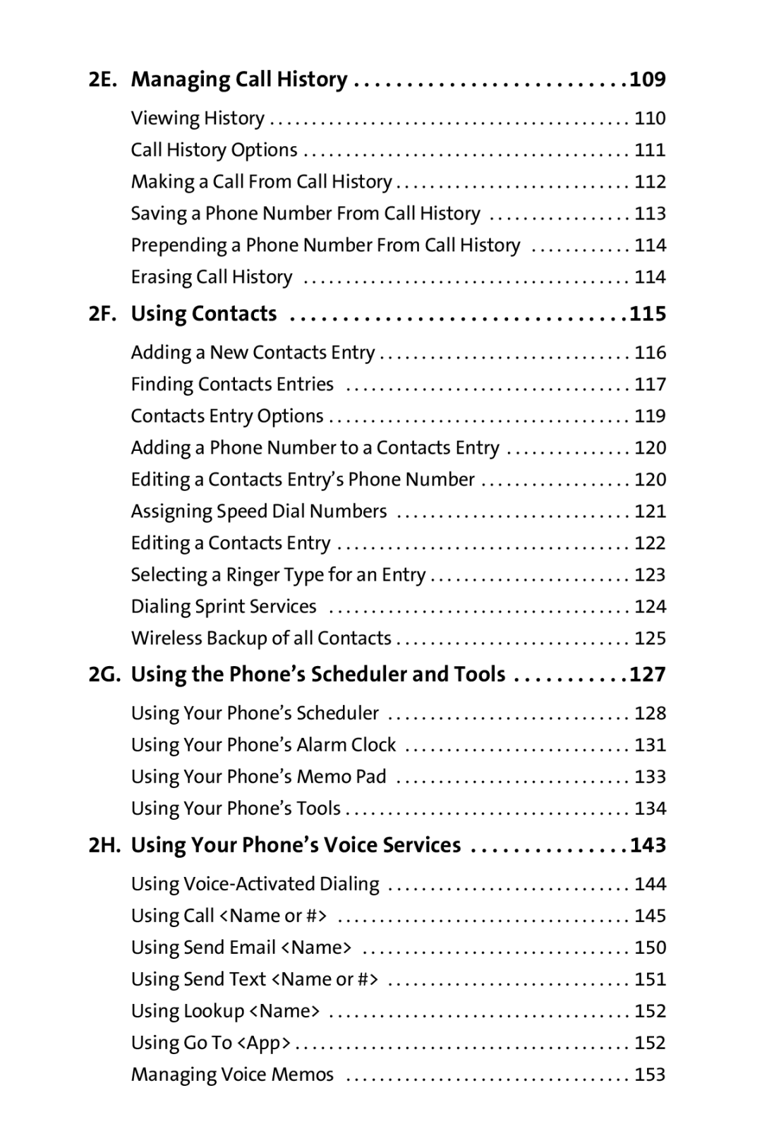 Samsung M510 manual 2E. Managing Call History, 2F. Using Contacts, 2G. Using the Phone’s Scheduler and Tools 