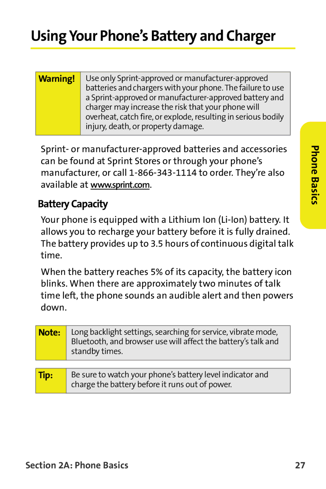 Samsung M510 manual Using Your Phone’s Battery and Charger, Battery Capacity 