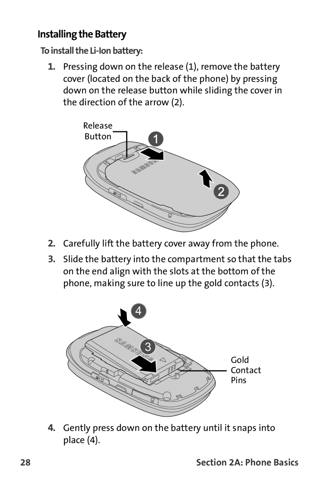 Samsung M510 manual Installing the Battery, To install the Li-Ion battery 