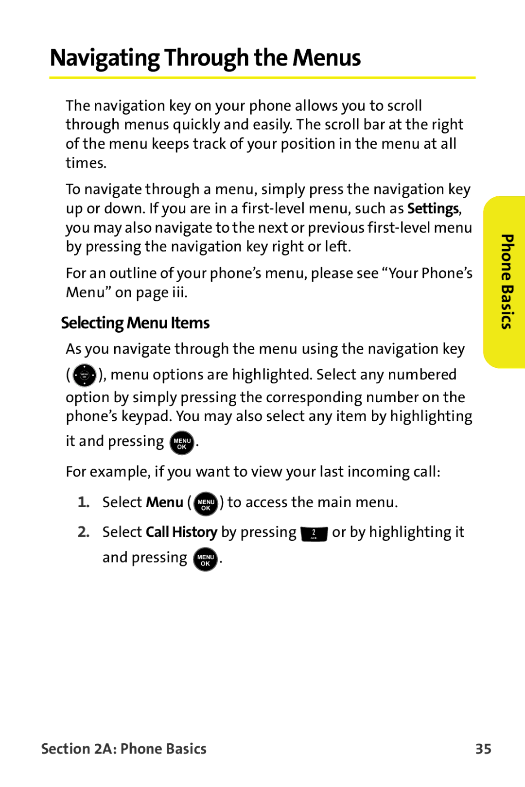 Samsung M510 Navigating Through the Menus, Selecting Menu Items, As you navigate through the menu using the navigation key 