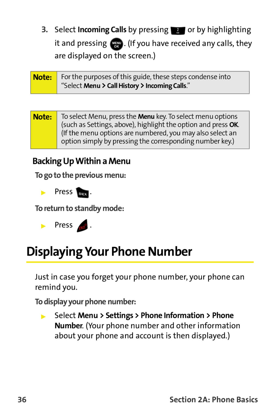 Samsung M510 Displaying Your Phone Number, Backing Up Within a Menu, To go to the previous menu, To return to standby mode 