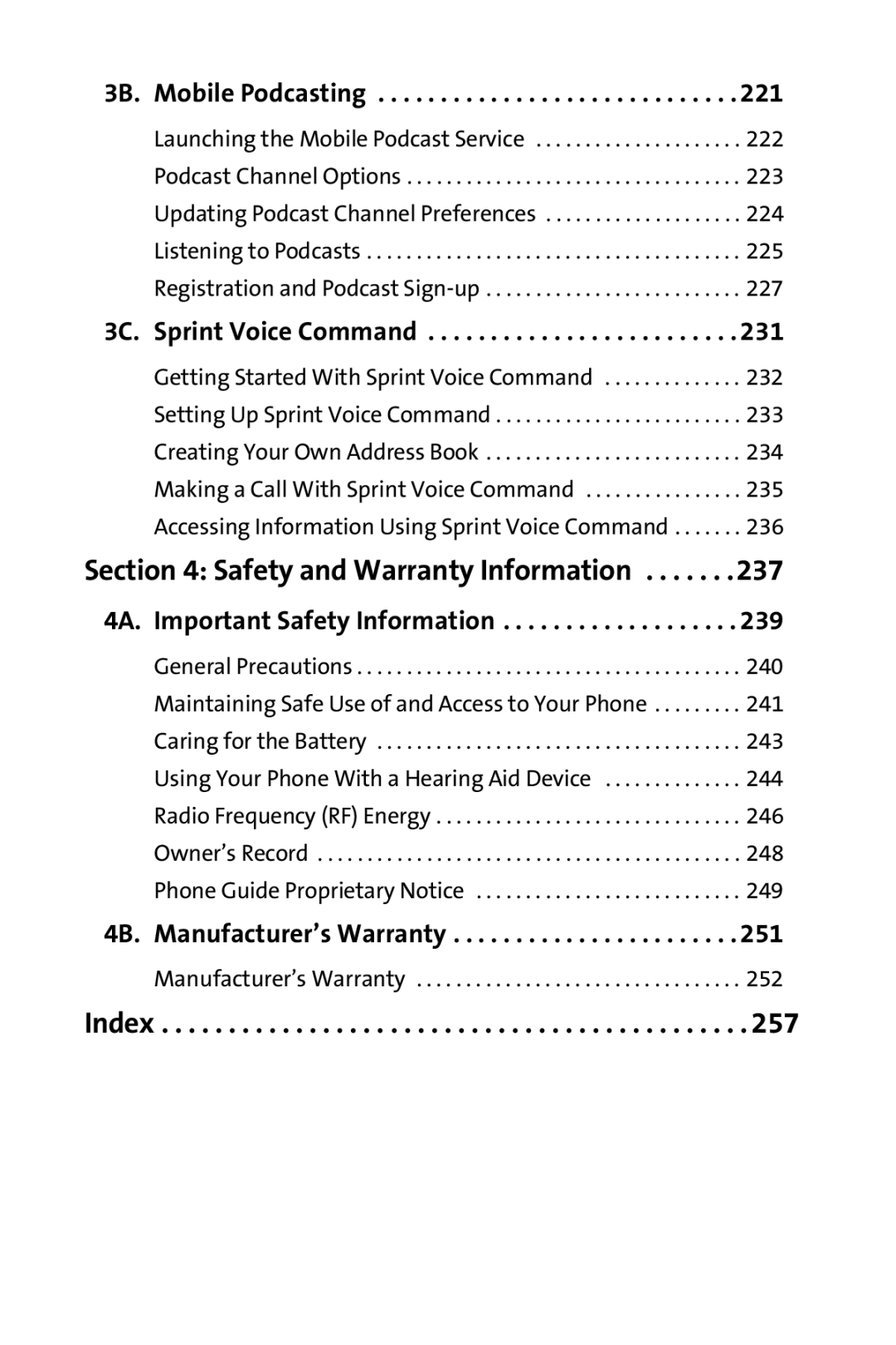 Samsung M510 manual 3B. Mobile Podcasting, 3C. Sprint Voice Command, 4A. Important Safety Information 