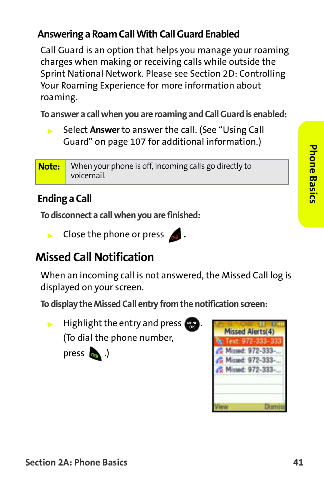 Samsung M510 manual Missed Call Notification, Answering a Roam Call With Call Guard Enabled, Ending a Call 