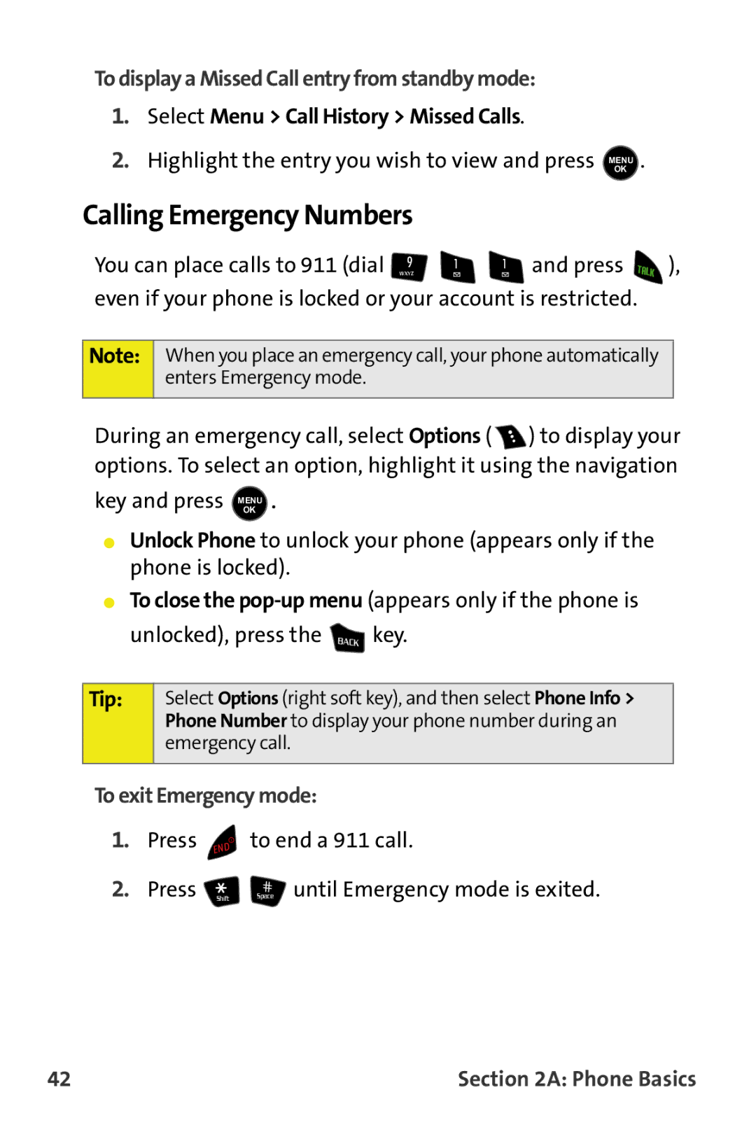 Samsung M510 manual Calling Emergency Numbers, To display a Missed Call entry from standby mode, To exit Emergency mode 