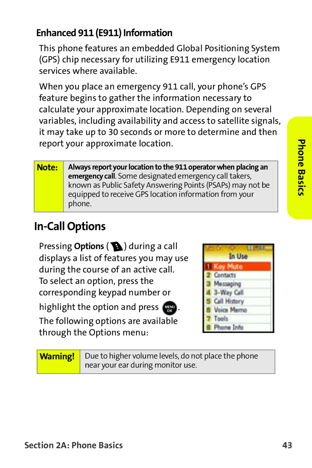 Samsung M510 manual In-Call Options, Enhanced 911 E911 Information 