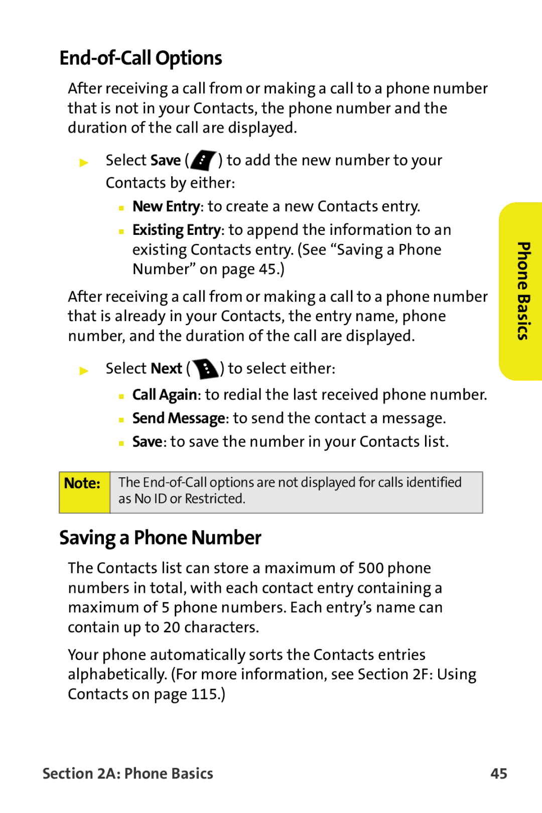 Samsung M510 manual End-of-Call Options, Saving a Phone Number 