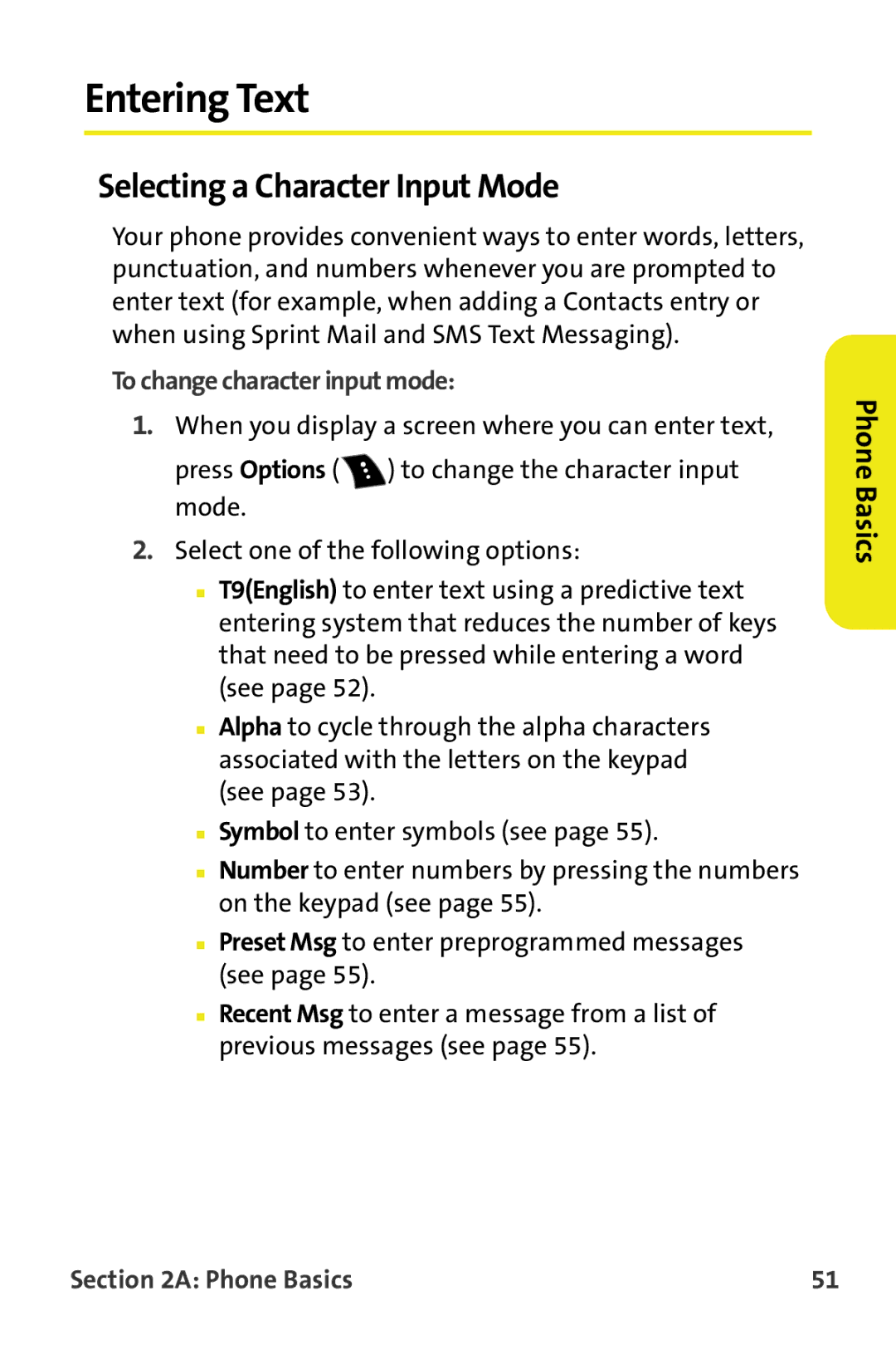 Samsung M510 manual Entering Text, Selecting a Character Input Mode, To change character input mode 