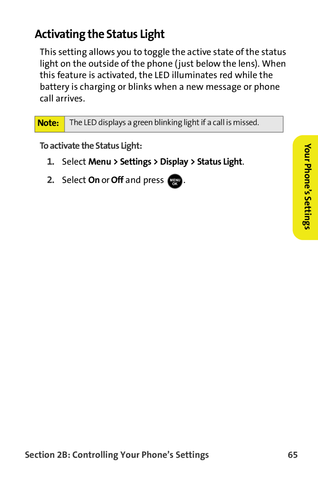 Samsung M510 manual Activating the Status Light, To activate the Status Light, Select Menu Settings Display Status Light 