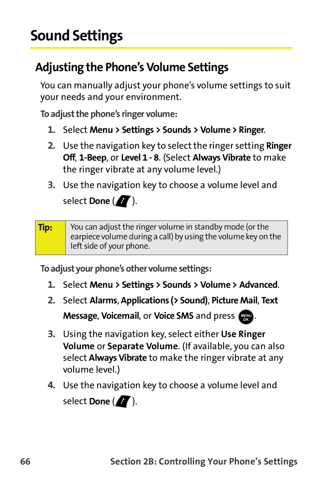 Samsung M510 manual Sound Settings, Adjusting the Phone’s Volume Settings, To adjust the phone’s ringer volume 