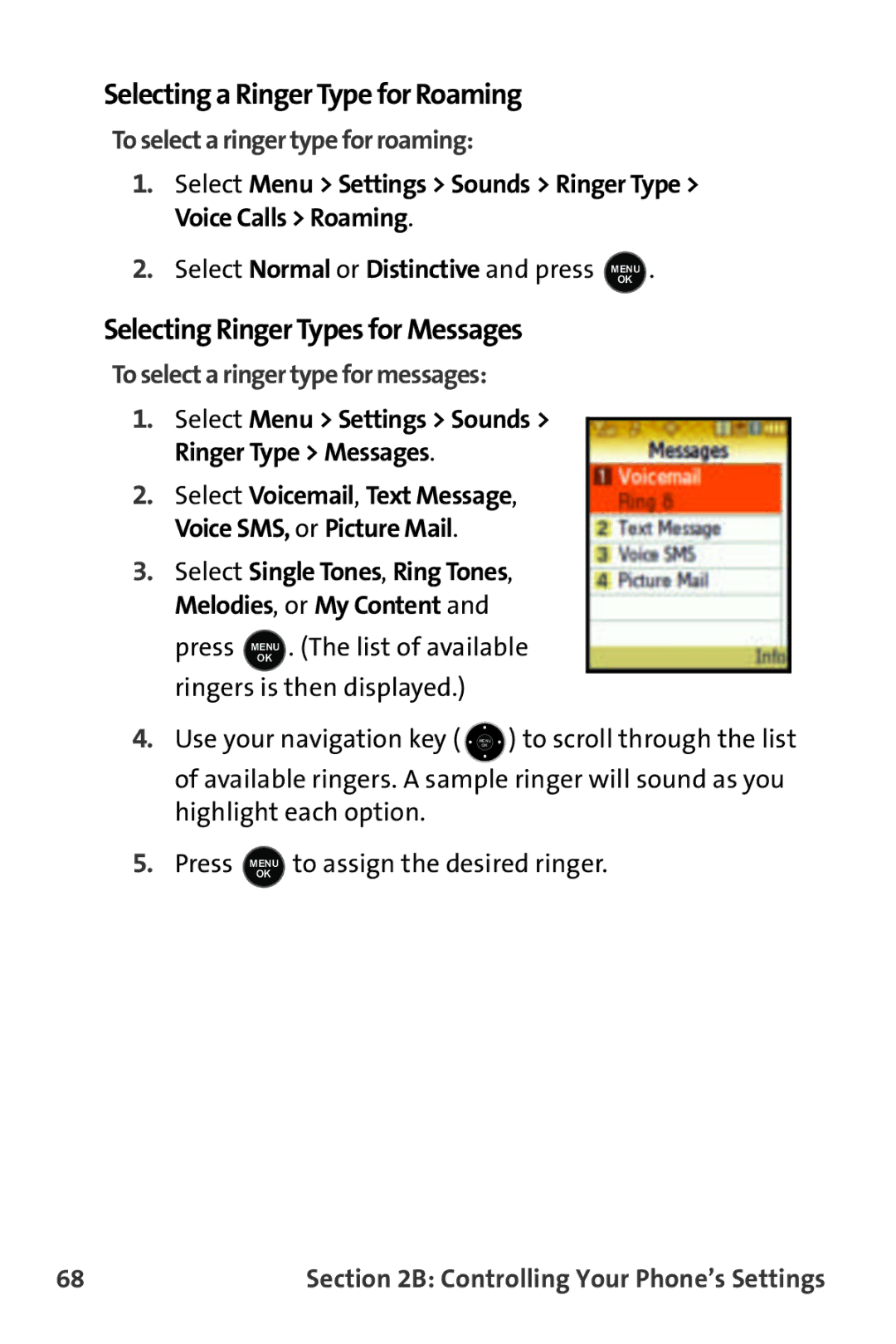 Samsung M510 Selecting a Ringer Type for Roaming, Selecting Ringer Types for Messages, To select a ringer type for roaming 