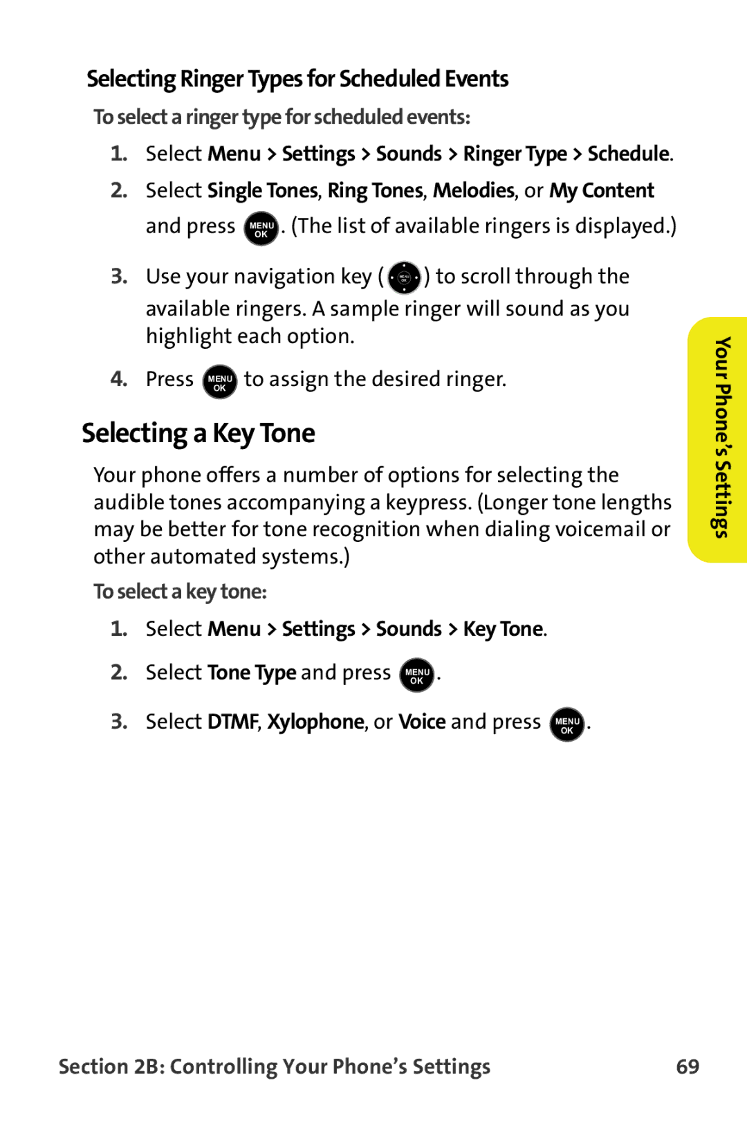 Samsung M510 manual Selecting a Key Tone, Selecting Ringer Types for Scheduled Events, To select a key tone 