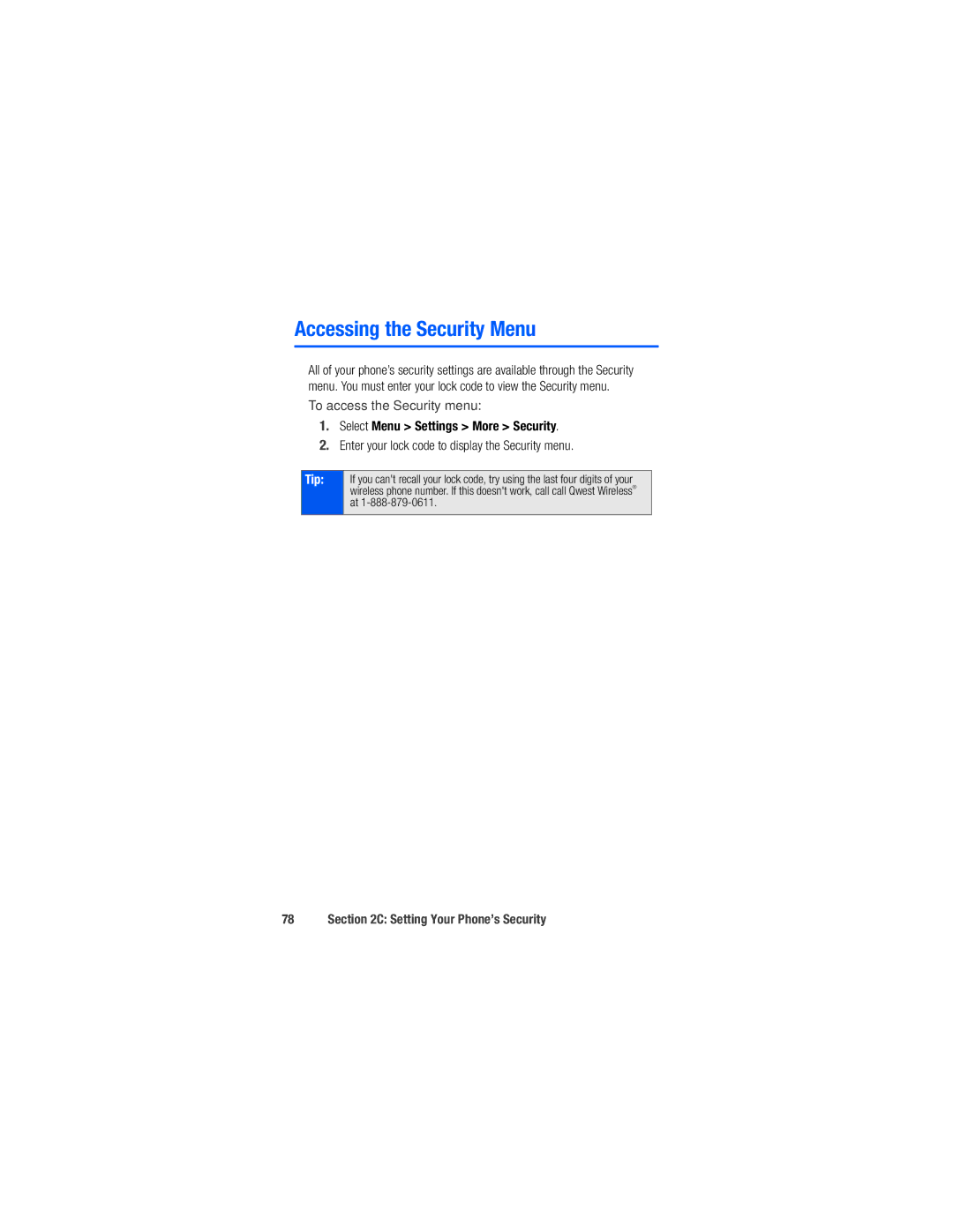 Samsung M520 manual Accessing the Security Menu, To access the Security menu, Select Menu Settings More Security 