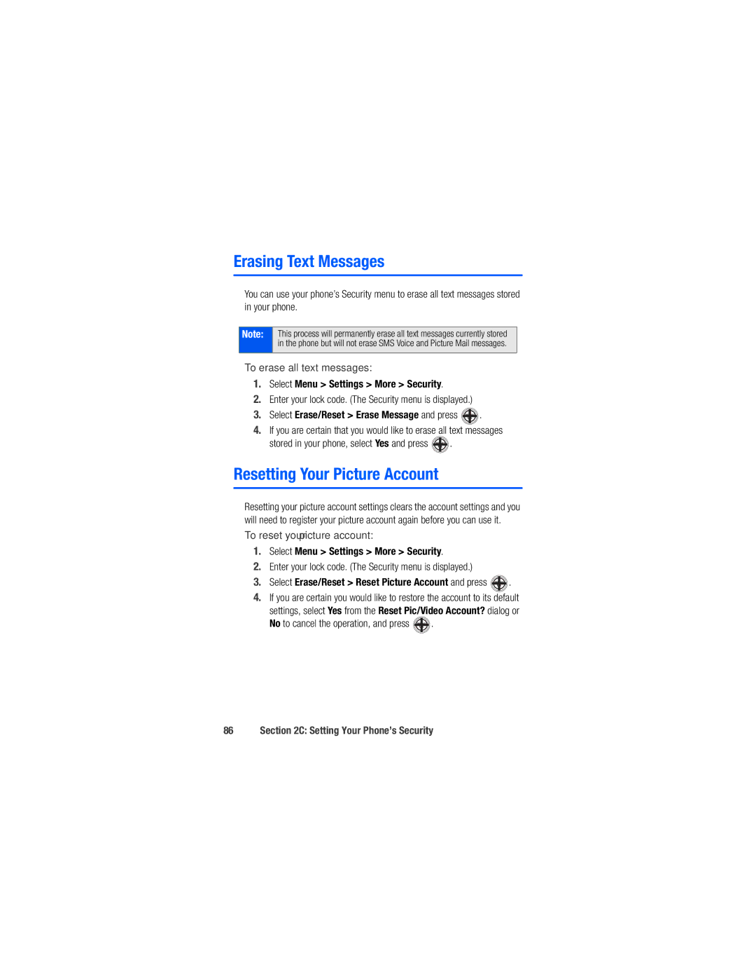 Samsung M520 manual Erasing Text Messages, Resetting Your Picture Account, To erase all text messages 