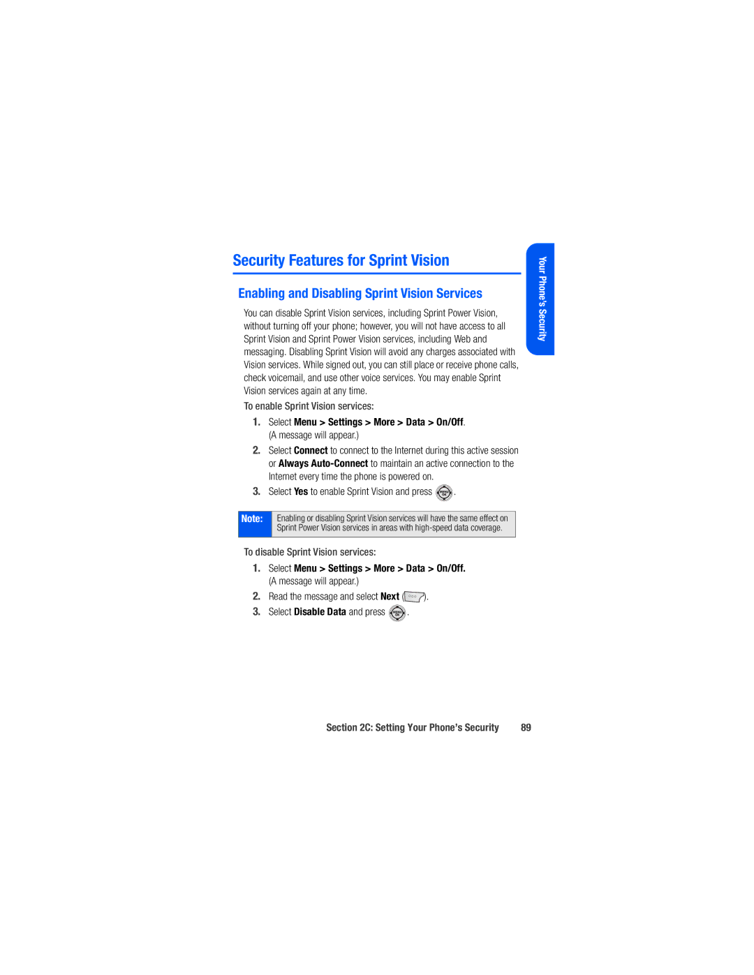 Samsung M520 manual Enabling and Disabling Sprint Vision Services, To enable Sprint Vision services 