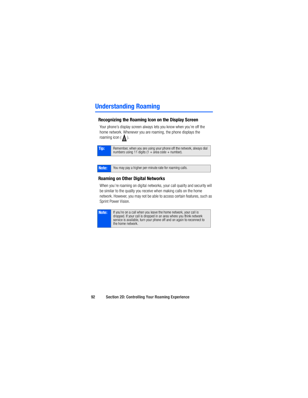 Samsung M520 Understanding Roaming, Recognizing the Roaming Icon on the Display Screen, Roaming on Other Digital Networks 