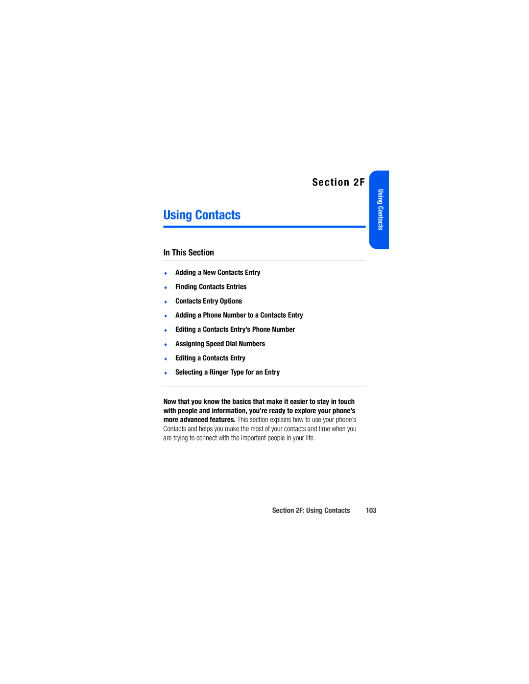 Samsung M520 manual Using Contacts, 103 