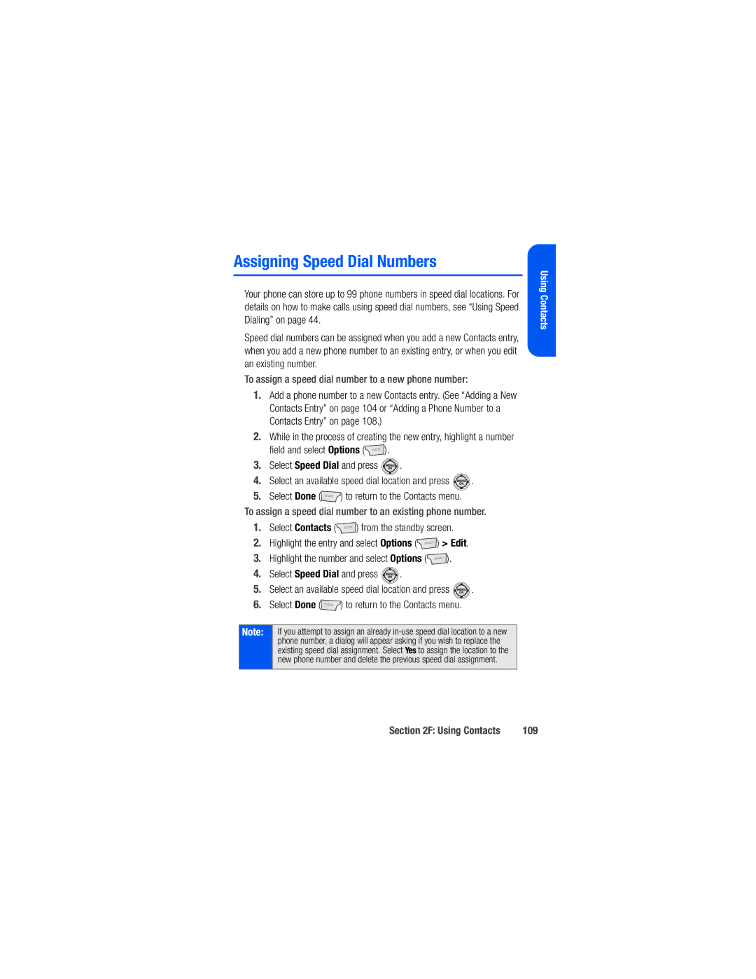 Samsung M520 manual Assigning Speed Dial Numbers, To assign a speed dial number to a new phone number, 109 