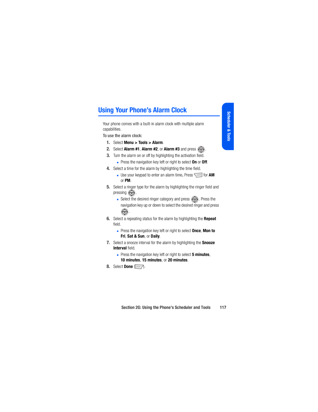 Samsung M520 manual Using Your Phone’s Alarm Clock, To use the alarm clock, Select Menu Tools Alarm, 117 