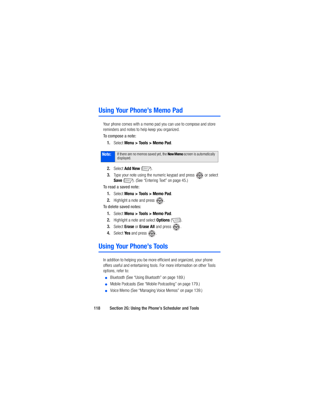 Samsung M520 manual Using Your Phone’s Memo Pad, Using Your Phone’s Tools, Select Menu Tools Memo Pad 