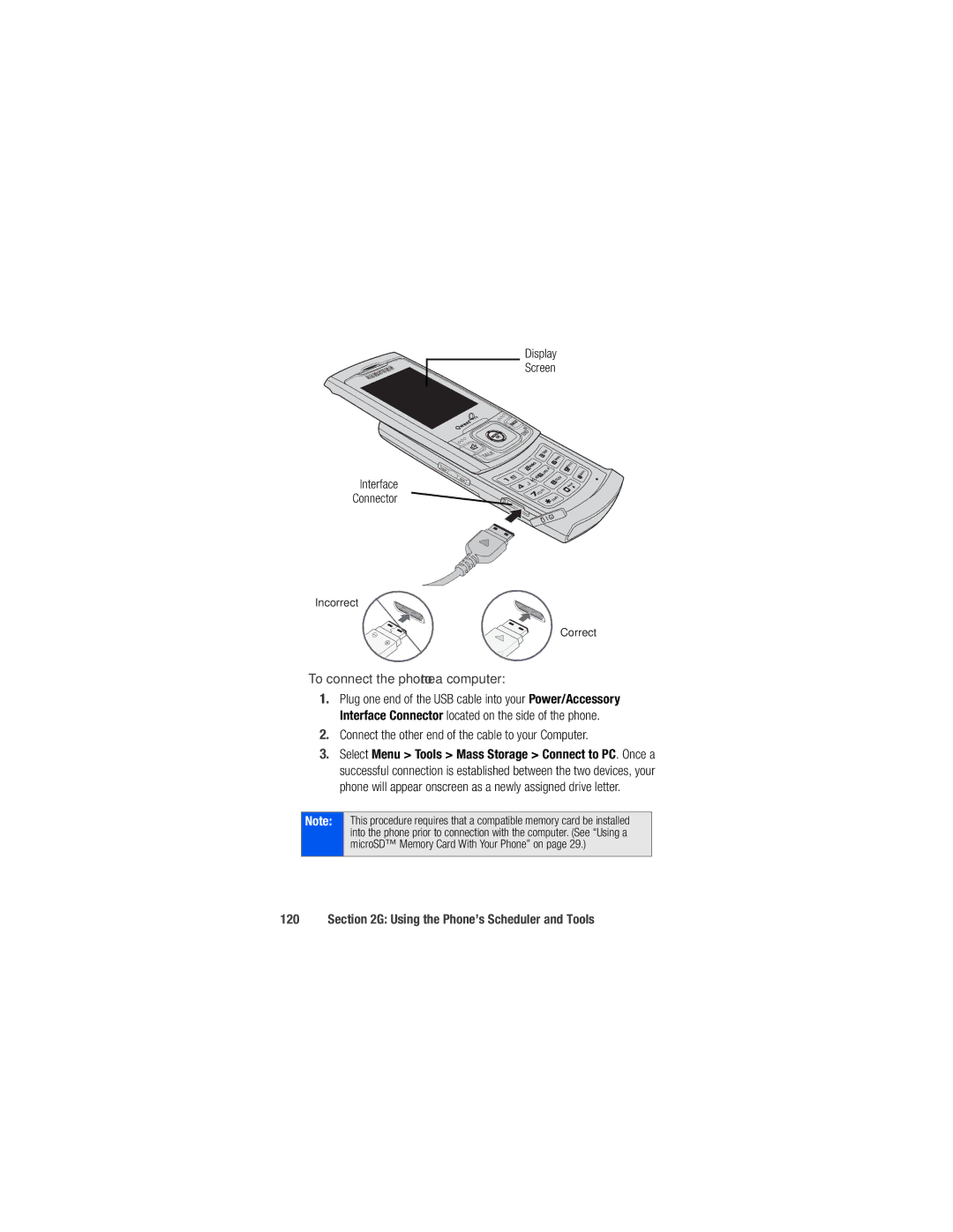 Samsung M520 manual To connect the phone to a computer, Connect the other end of the cable to your Computer 