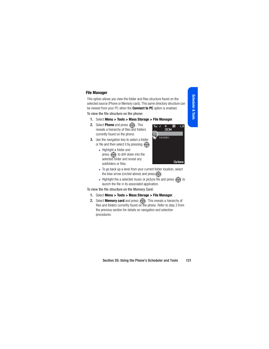 Samsung M520 manual To view the file structure on the phone, Select Menu Tools Mass Storage File Manager, 121 