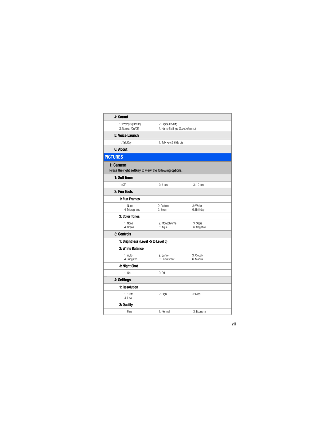 Samsung M520 manual Camera, Vii 