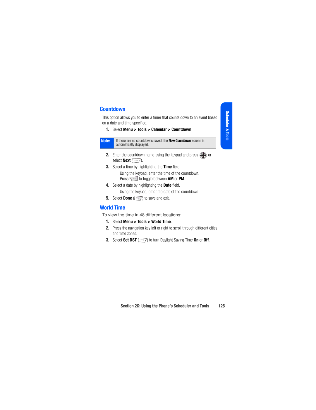 Samsung M520 manual Select Menu Tools Calendar Countdown, Select Menu Tools World Time, 125 