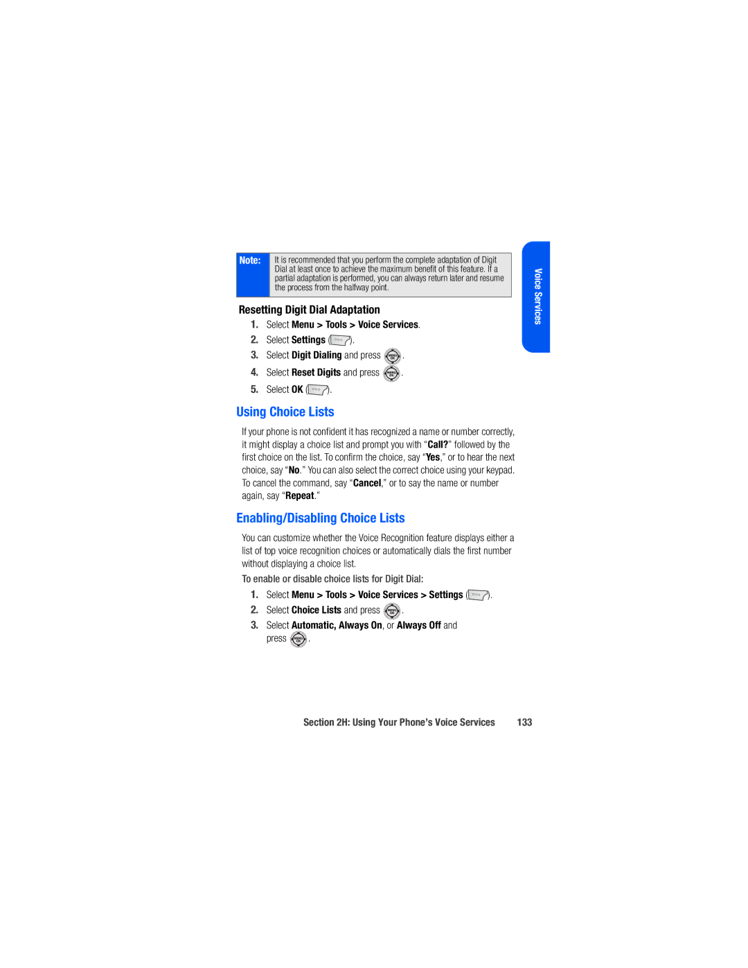 Samsung M520 manual Using Choice Lists, Enabling/Disabling Choice Lists, Resetting Digit Dial Adaptation, 133 