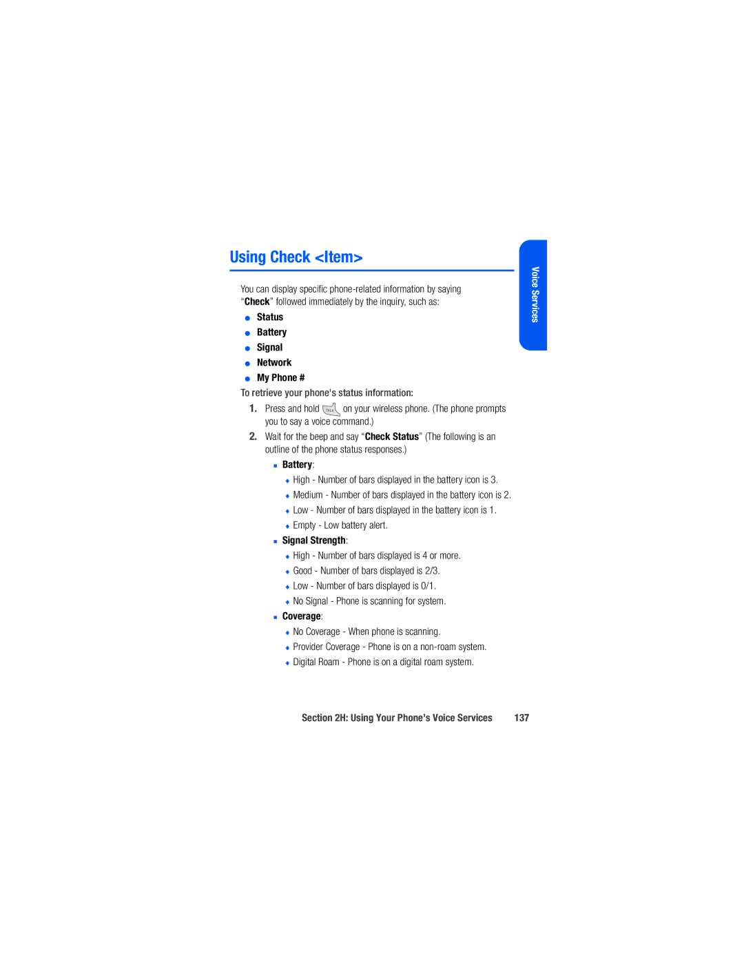 Samsung M520 manual Using Check Item, Status Battery Signal Network My Phone #, Signal Strength, Coverage, 137 
