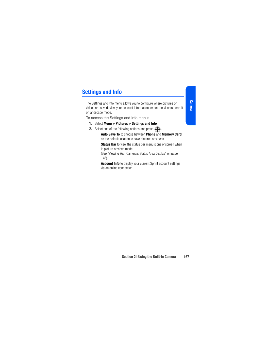 Samsung M520 manual To access the Settings and Info menu, 167 