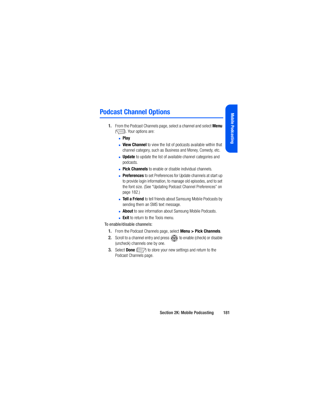 Samsung M520 manual Podcast Channel Options, Play, To enable/disable channels, 181 