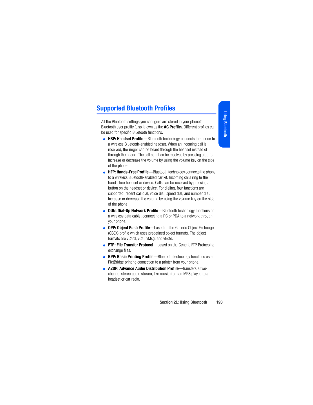 Samsung M520 manual Supported Bluetooth Profiles, 193 