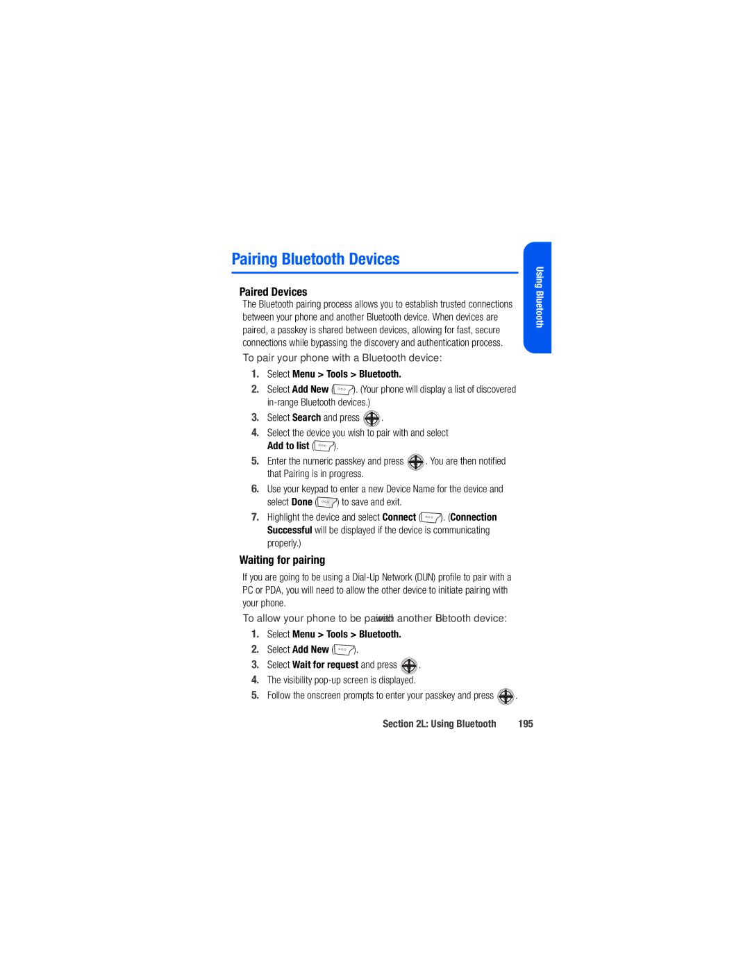 Samsung M520 manual Pairing Bluetooth Devices, Paired Devices, Waiting for pairing, 195 