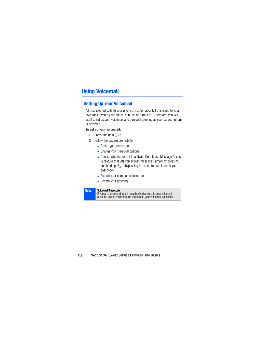 Samsung M520 manual Using Voicemail, Setting Up Your Voicemail, Qwest Service Features The Basics 