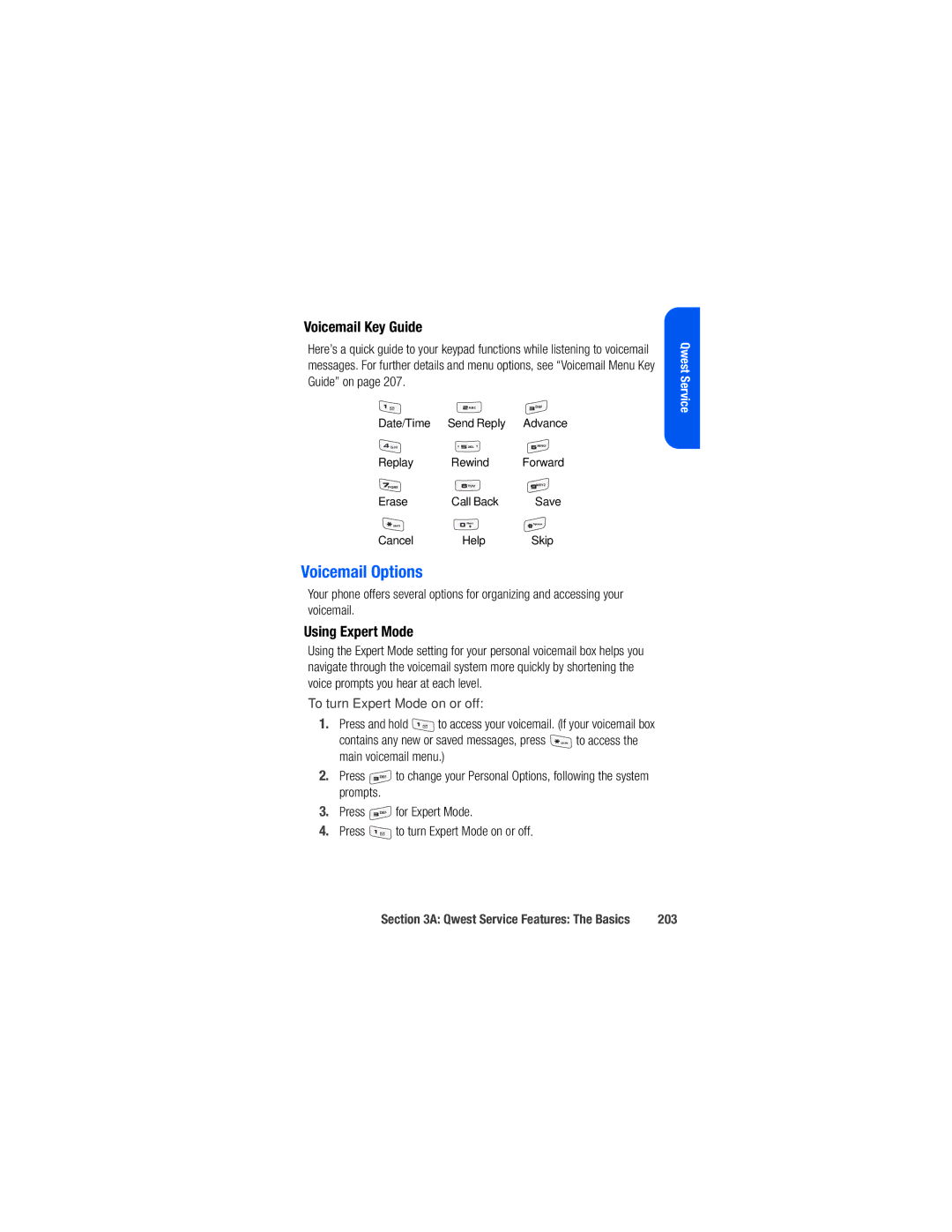 Samsung M520 manual Voicemail Options, Voicemail Key Guide, Using Expert Mode, To turn Expert Mode on or off, 203 