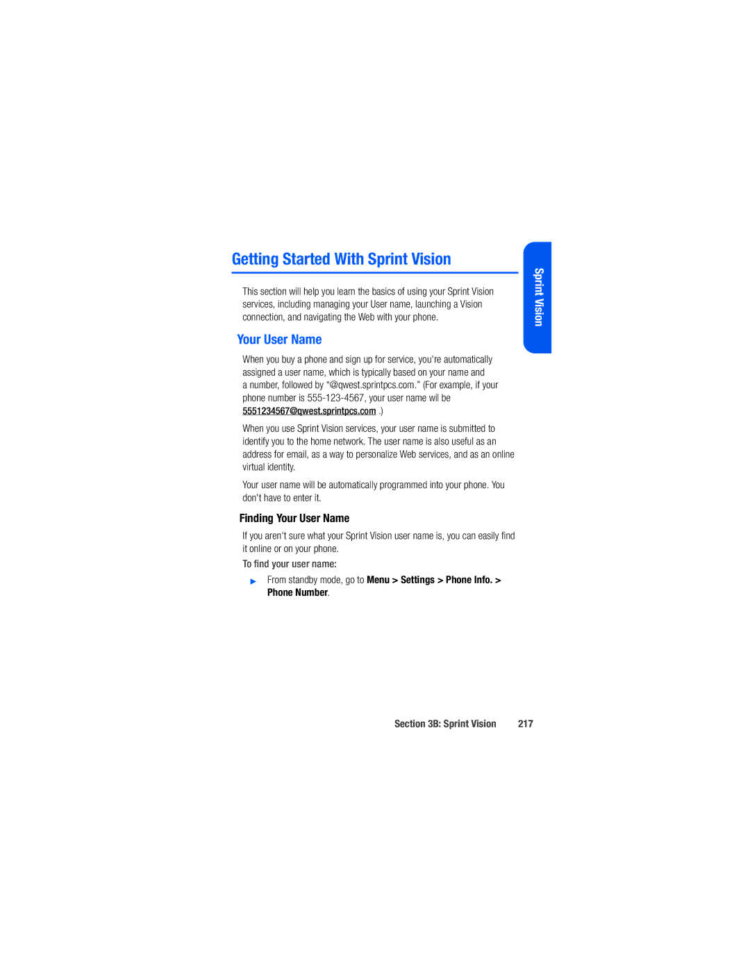 Samsung M520 manual Getting Started With Sprint Vision, Finding Your User Name, To find your user name, 217 