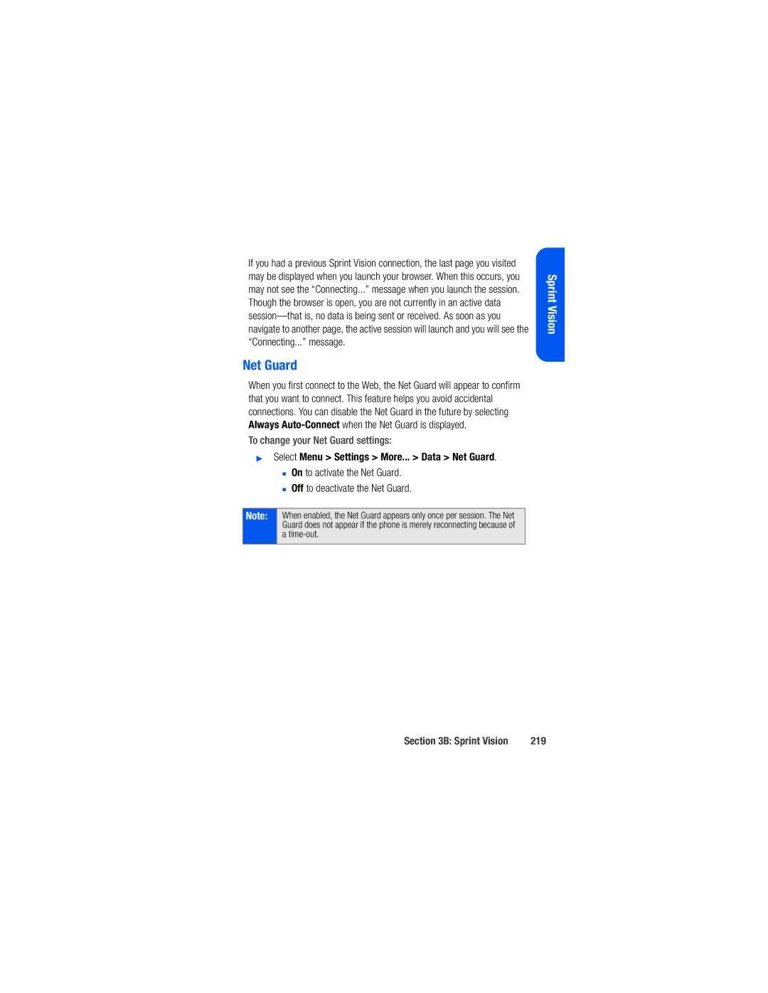 Samsung M520 manual To change your Net Guard settings, Select Menu Settings More... Data Net Guard, 219 