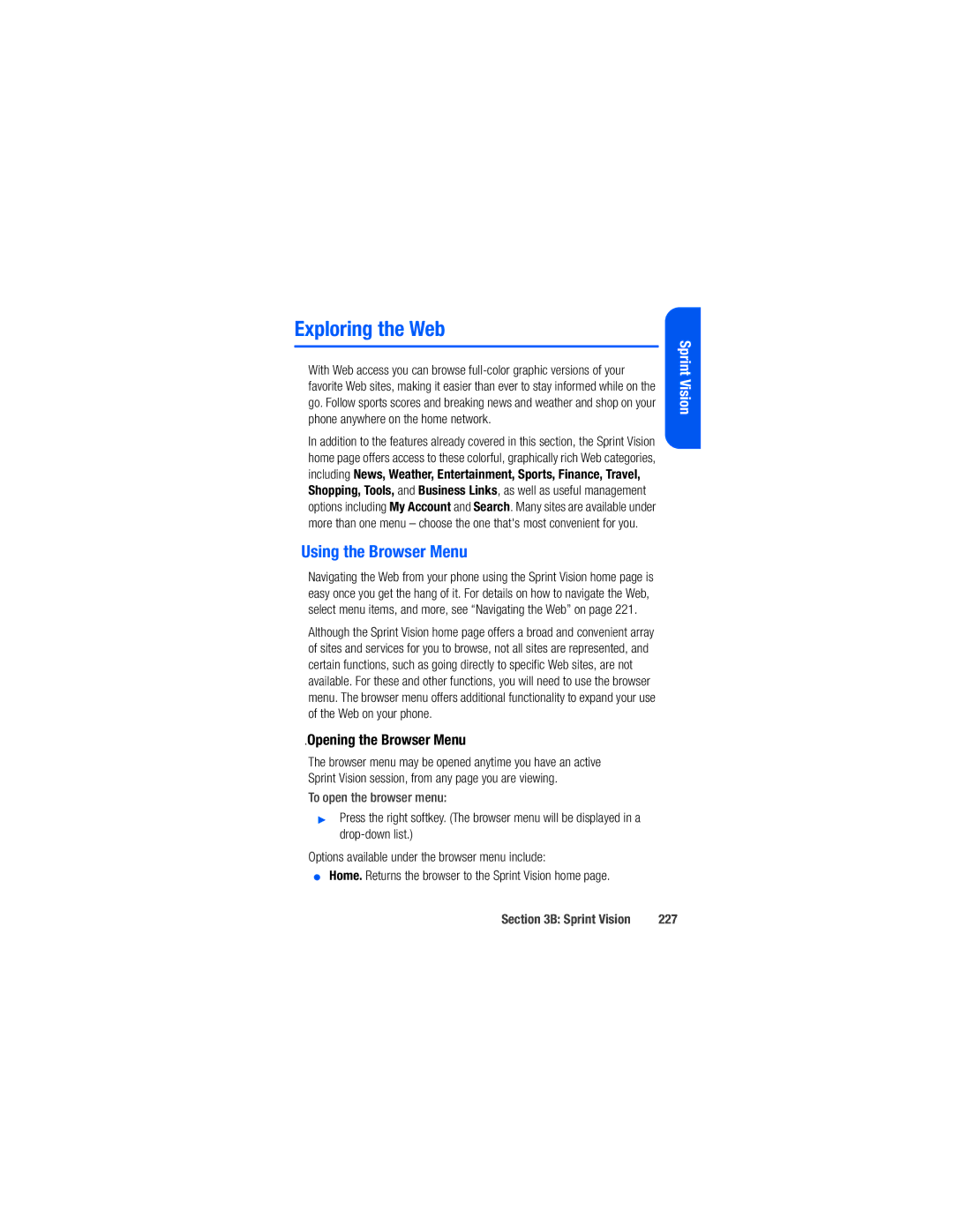 Samsung M520 manual Exploring the Web, Using the Browser Menu, Opening the Browser Menu, To open the browser menu, 227 