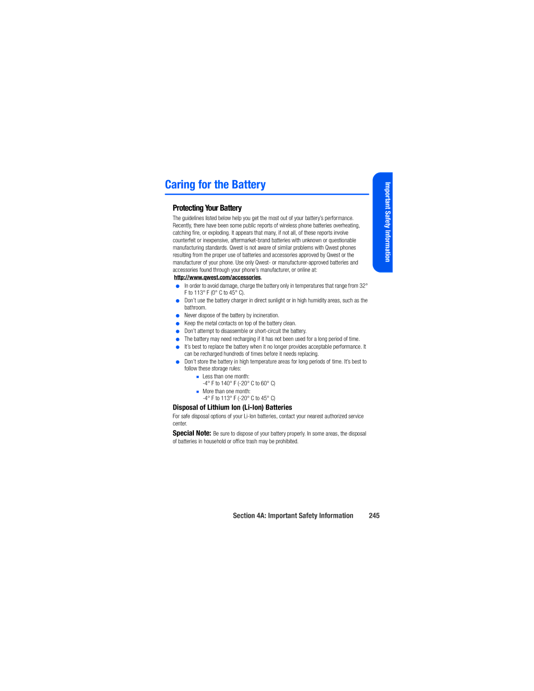 Samsung M520 manual Caring for the Battery, Protecting Your Battery, Disposal of Lithium Ion Li-Ion Batteries, 245 