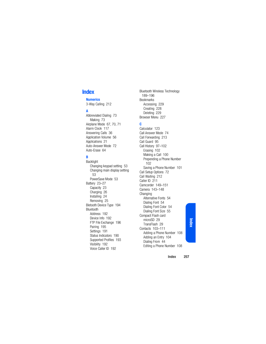 Samsung M520 manual Index, Dialing Font, MicroSD 