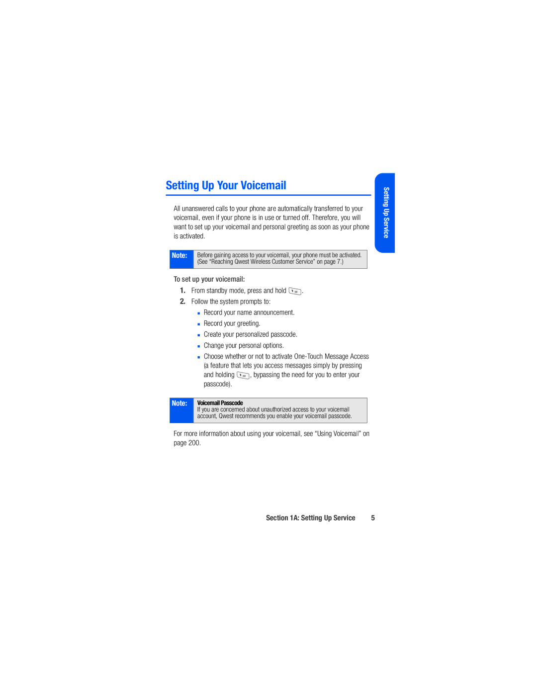 Samsung M520 manual Setting Up Your Voicemail, To set up your voicemail, Voicemail Passcode 