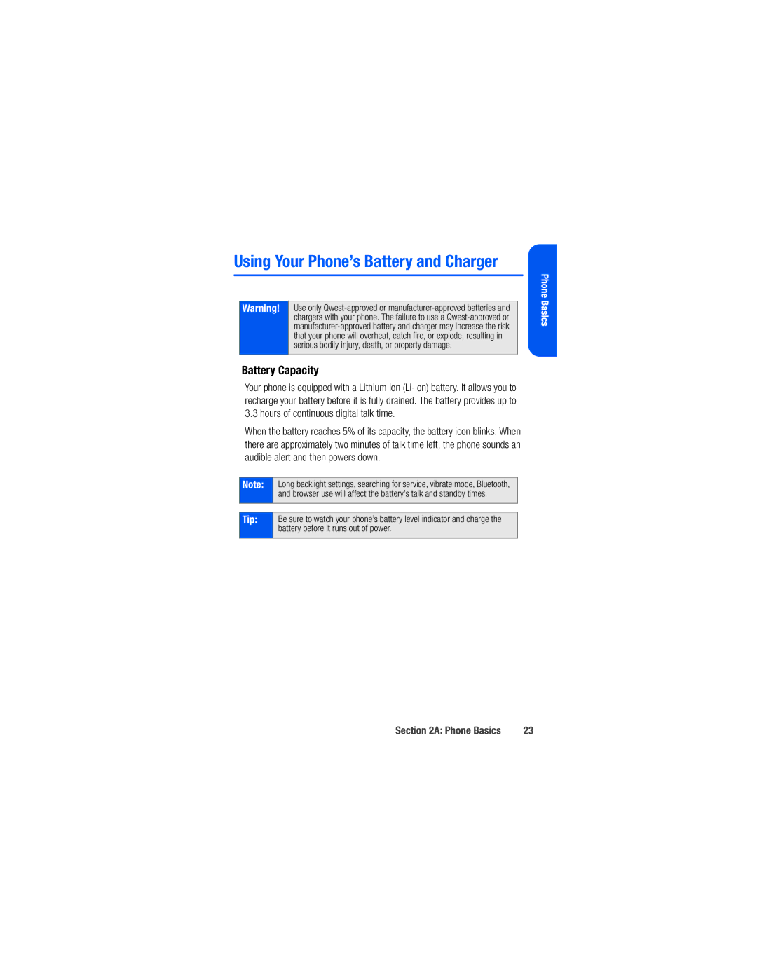 Samsung M520 manual Using Your Phone’s Battery and Charger, Battery Capacity 