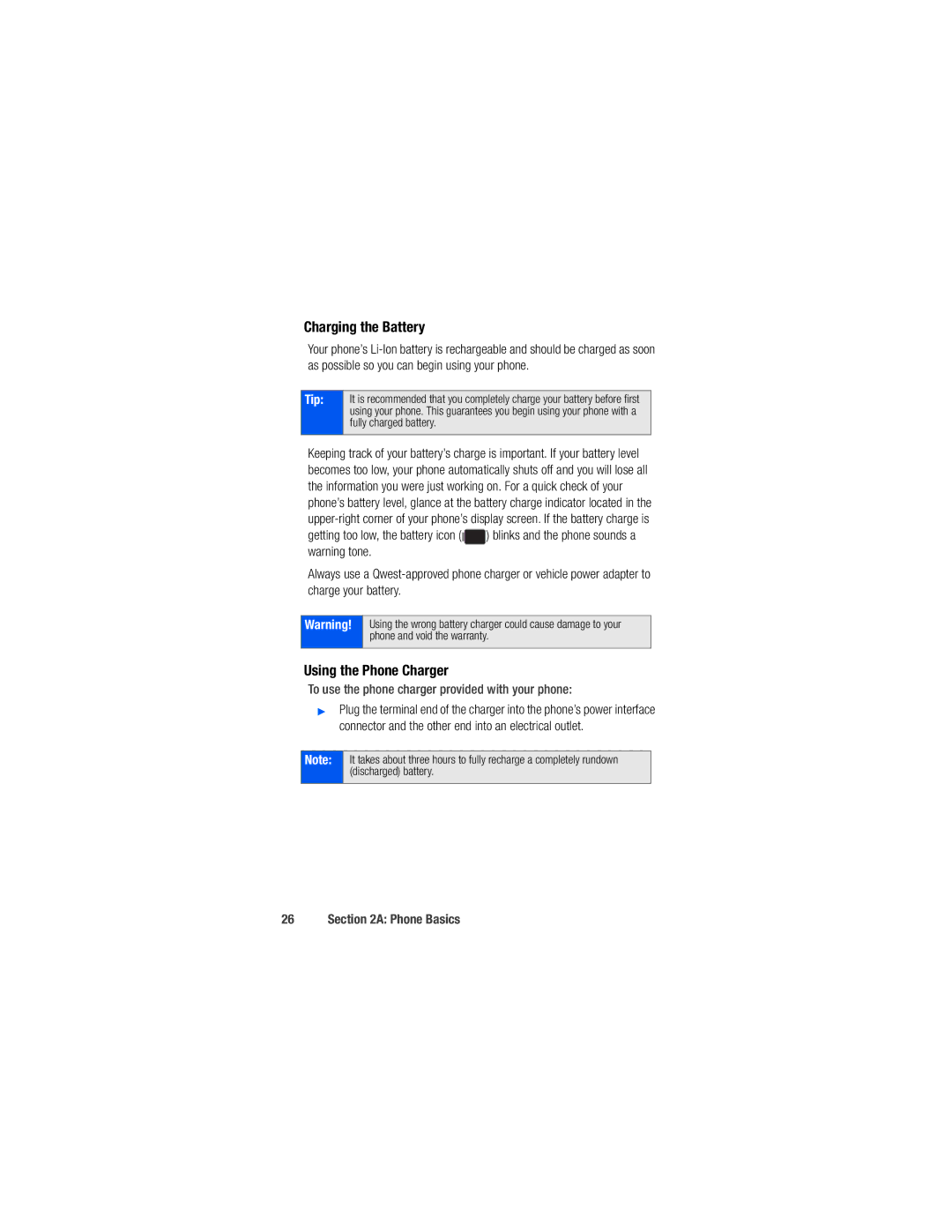 Samsung M520 manual Charging the Battery, Using the Phone Charger, To use the phone charger provided with your phone 