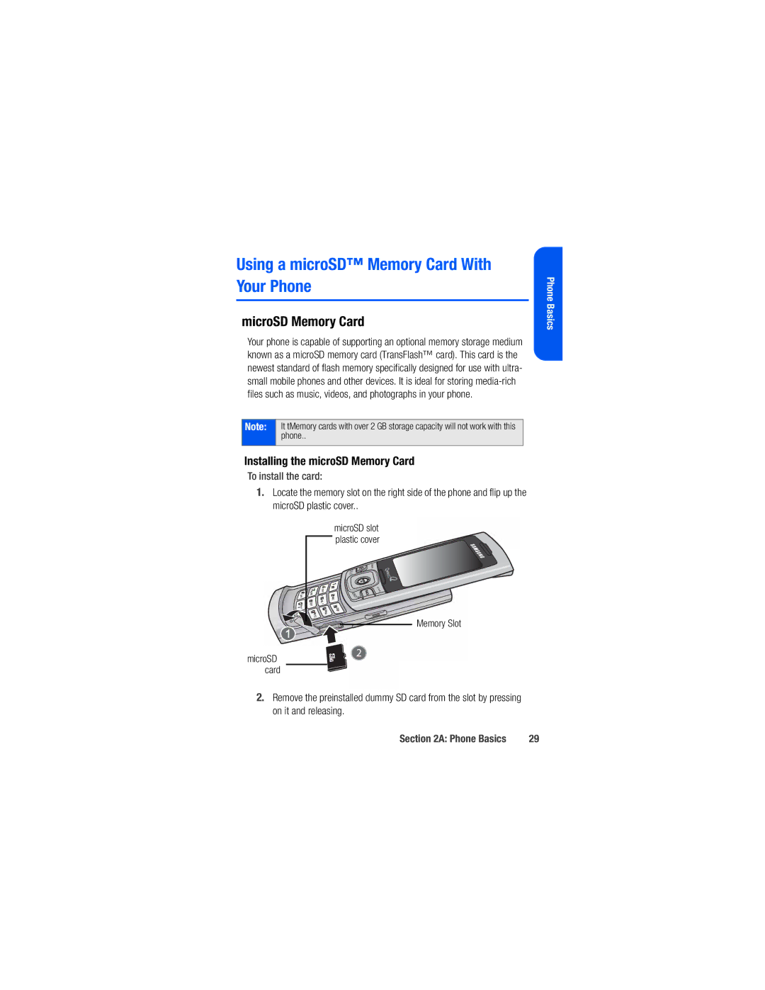 Samsung M520 manual Using a microSD Memory Card With Your Phone, Installing the microSD Memory Card, To install the card 