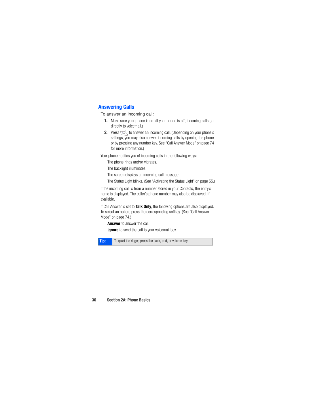 Samsung M520 manual Answering Calls, To answer an incoming call 